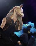 anthro blue_body blue_fur clothing dancing dress duo female fur green_eyes male male/female romantic what crystalfluff_(artist) star_wars jar_jar_binks alien furby_(species) gungan otolla_gungan hi_res