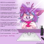1:1 absurd_res anthro bathroom blue_hair claws comic dialogue english_text felid feline fur hair hi_res inner_ear_fluff kaitty kaittycat male mammal open_mouth parasite pink_background purple_body purple_eyes purple_fur purple_hair scarf simple_background sink solo tentacles text tuft