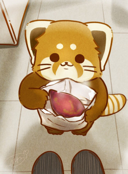 black_eyes black_nose brown_body chibi detailed_background dot_eyes feral food kemono simple_eyes solo_focus shi_nominmin ailurid mammal red_panda 2023 hi_res