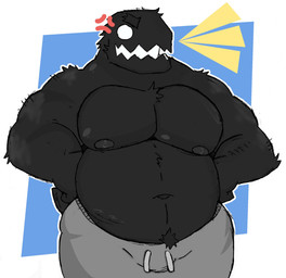 anthro belly big_belly bottomwear bulge butt chest_tuft clothed clothing male musclegut muscular muscular_anthro muscular_male not_furry overweight overweight_anthro overweight_male pants simple_background solo sweatpants tuft wear white_eyes crococola monster monster_(geometry_dash) hi_res