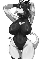 2_horns :< anthro big_breasts black_clothing black_hair black_horn black_leotard bouncing_breasts breasts clothed clothed_anthro clothed_female clothing curvy_figure female female_anthro fur glistening glistening_body glistening_leotard glistening_skin grey_background hair hands_behind_head heart_hole horn kemono leotard looking_at_viewer navel navel_outline nipple_outline nipples non-mammal_breasts non-mammal_navel non-mammal_nipples open_mouth simple_background solo tail tail_tuft thick_thighs tuft white_body white_fur white_tail wide_hips healingpit pgm300 mythology dragon mythological_creature mythological_scalie scalie 2025 2d_animation 3:4 animated hi_res high_framerate motion_tweening no_sound shaded short_playtime webm