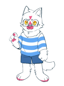 anthro blue_bottomwear blue_clothing blue_shorts blue_topwear bottomwear cheek_tuft closed_smile clothed clothing eyewear facial_tuft front_view fur glasses glistening glistening_eyes head_tuft male mouth_closed pattern_clothing pattern_topwear pawpads pink_body pink_fur pink_nose pink_pawpads pupils rectangular_glasses shorts simple_background slit_pupils smile solo standing striped_clothing striped_topwear stripes topwear tuft unsigned white_background white_clothing white_topwear asnnonaka canid mammal full-length_portrait hi_res portrait