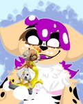 anthro arm_tattoo chest_tattoo eyemask eyewear fluffy fluffy_chest freckles fur looking_at_object mastectomy_scar multicolored_body paws scar solo tattoo yellow_body yellow_fur vobolni317 amiibo nintendo splatoon frye_(splatoon) canid canine canis domestic_dog mammal hi_res lineless