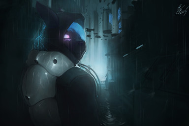 alley anthro biped black_clothing black_ears black_face black_hoodie black_topwear blue_eyes blue_hair building city clothed clothing detailed_background fur future glowing glowing_eyes hair hair_over_eye hoodie looking_at_viewer looking_back male monotone_clothing monotone_face monotone_hair monotone_hoodie monotone_topwear night one_eye_obstructed purple_body purple_fur purple_nose raining rear_view solo topwear zomacaius banzai_the_bat bat mammal 2015 digital_media_(artwork) signature