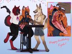anthro anthro_pred anthro_prey arm_tuft barefoot black_bottomwear black_clothing black_pants black_topwear blue_bottomwear blue_clothing blue_eyes blue_pants bodily_fluids bottomwear brown_body brown_fur cake cheek_tuft clothed clothing cutaway dessert elbow_tuft eyes_closed facial_tuft feet food fur grey_body grey_fur group hair hat head_tuft headgear headwear imminent_vore jewelry male male_pred male_prey mouth_shot narrowed_eyes neck_tuft necklace open_mouth orange_eyes orange_hair pants party_hat red_body red_fur red_hair saliva saliva_string sharp_teeth shirt shoulder_tuft sitting standing t-shirt tan_body tan_fur teeth tongue tongue_out topless topwear tuft whiskers white_clothing white_shirt white_t-shirt white_topwear riorix canid canine mammal hi_res