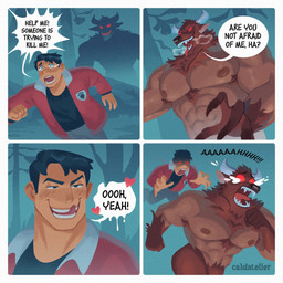 anthro biceps black_hair bottomwear brown_body brown_fur chasing clothing dialogue duo fangs forest fur grey_eyes hair horn jacket male muscular muscular_male nipples nude pants pecs plant red_eyes role_reversal scared speech_bubble teeth text topwear tree caldatelier european_mythology greek_mythology mythology animal_humanoid bovid bovine human humanoid mammal minotaur 1:1 comic english_text hi_res