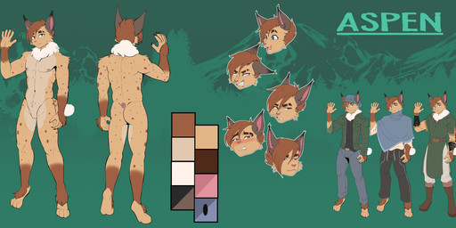 5_fingers anthro biped brown_hair clothed clothing color_swatch featureless_crotch fingers hair male solo munkeesgomu aspen_(lynxer) felid feline lynx mammal model_sheet