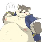 anthro belly big_belly blush bodily_fluids chubby_cheeks clothed clothing dialogue facial_scar fur grey_body grey_fur holding_melee_weapon holding_object holding_sword holding_weapon jacket male melee_weapon moobs nipples obese obese_anthro obese_male open_clothing open_jacket open_topwear overweight overweight_anthro overweight_male scar simple_background solo speech_bubble sweat sword text topwear weapon white_background hamatnk lifewonders tokyo_afterschool_summoners moritaka_(tas) canid canine canis domestic_dog mammal 1:1 japanese_text translated translation_check