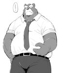 anthro belly big_belly bodily_fluids bottomwear clothing ellipsis humanoid_hands kemono male necktie overweight overweight_male pants shirt simple_background solo sweat topwear nao901 bear mammal 2022 monochrome