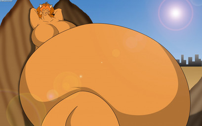 anthro big_breasts biped breasts city eyes_closed featureless_breasts female female_anthro fur hair lens_flare lying macro macro_anthro macro_female mountain obese obese_anthro obese_female on_back orange_body orange_fur orange_hair overweight overweight_anthro overweight_female sleeping solo sun chrisandcompany daryl_vecat domestic_cat felid feline felis mammal colored