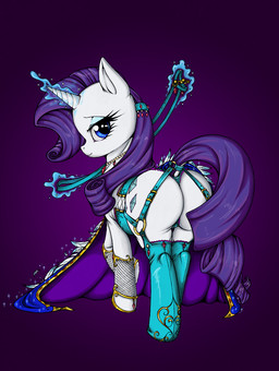 bedroom_eyes blue_eyes butt cape cloth clothed clothed_feral clothing corset cutie_mark female feral fishnet_clothing garter_belt garter_straps gem hair half-closed_eyes horn jewelry legwear lingerie long_hair looking_at_viewer looking_back magic magic_user narrowed_eyes necklace panties presenting purple_hair ruby_(gem) seductive smile solo stockings tail topwear underwear longinius friendship_is_magic hasbro my_little_pony mythology rarity_(mlp) equid equine mammal mythological_creature mythological_equine unicorn 2012
