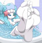 5_toes anthro barefoot bath bathtub biped blue_eyes blue_hair breasts bubble_bath crossed_ankles feet feet_up female foot_focus hair humanoid_feet long_hair looking_at_viewer nude partially_submerged plantigrade raised_surface_support soles solo suds supported_legs toes wet wet_body mostlyfunstuff nintendo pokemon generation_7_pokemon mammal marine pinniped pokemon_(species) primarina 2017 absurd_res hi_res