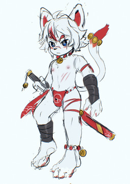 anthro asian_clothing ball_slip bandage bulge clothing detailed_bulge east_asian_clothing fundoshi japanese_clothing katana kemono male melee_weapon nipples plantigrade simple_background solo sword underwear weapon white_background young alanisawolf777 canid canine mammal absurd_res hi_res