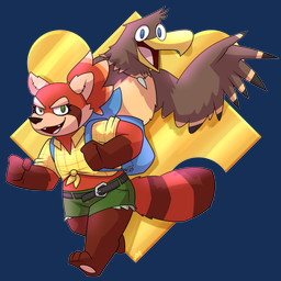 3_toes alternate_species anthro backpack barefoot beak belt blue_eyes bottomwear brown_body brown_feathers clothing cute_fangs duo facial_markings fangs feathers feet female fur green_eyes head_markings hindpaw hotpants looking_at_viewer male markings midriff open_mouth open_smile orange_body orange_fur pawpads paws pink_pawpads shirt shorts smile teeth tied_shirt toes topwear walking yellow_beak potoobrigham banjo-kazooie rareware banjo_(banjo-kazooie) kazooie accipitrid accipitriform ailurid avian bird mammal red_panda 2022 absurd_res alpha_channel hi_res