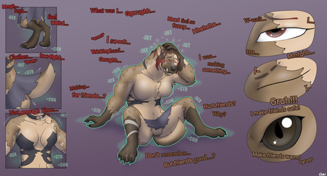 accidental_transformation anthro black_sclera black_spots bottomwear brown_body brown_eyes brown_fur claws clothing clutching_head dialogue digitigrade fangs female female_to_ambiguous finger_claws fur fur_growth growth hair human_to_anthro hypnosis intelligence_loss magic_user mid_transformation mind_alteration mind_control muscle_growth muscular plantigrade_to_digitigrade red_eyes red_hair simple_background skirt solo species_transformation spots stat_change tail tail_growth tail_tenting teeth text torn_clothing transformation transformation_sequence verbal_reaction_to_tf witch diethyl gnoll human hyena mammal spotted_hyena absurd_res comic english_text hi_res