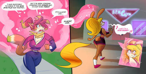 assimilation athletic_wear bimbofication blonde_hair breasts brown_body cleavage clothed clothing constricted_pupils detailed_background dialogue exercise exercise_clothing female footwear glowing glowing_eyes gym hair happy jogging long_hair mantra multicolored_hair musical_note musical_symbol nervous open_mouth pink_eyes pupils running shoes small_pupils smile sneakers speech_bubble symbol text track_pants transformation walking window rusheloc stormwave_(character) canid canine fox lagomorph mammal english_text hi_res tagme