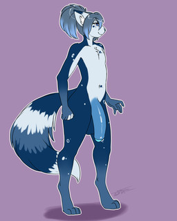 anthro balls blue_body blue_eyes blue_fur fur genitals hair male nude penis ponytail solo white_body white_fur furball domestic_cat felid feline felis mammal hi_res