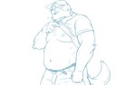 anthro belly bottomwear clothed clothing clothing_lift humanoid_hands kemono male moobs navel nipples overweight overweight_male pants shirt shirt_lift simple_background solo topwear white_background oogamikennta canid canine canis domestic_dog mammal 16:10 2023 blue_and_white monochrome widescreen