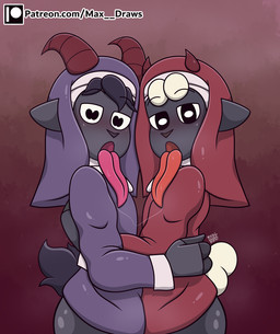 after_kiss anthro bedroom_eyes blush bodily_fluids butt clothed clothing duo femboy horn hug long_tongue looking_at_viewer male narrowed_eyes nun nun_outfit open_mouth oral_invitation saliva saliva_string seductive side_view simple_background tongue max_draws cult_of_the_lamb massive_monster_(studio) patreon goat_(cult_of_the_lamb) lamb_(cult_of_the_lamb) bovid caprine goat mammal sheep cel_shading hi_res shaded