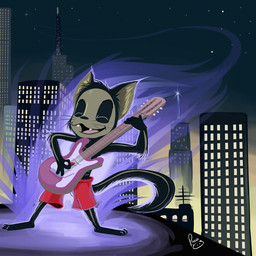 anthro black_body black_fur black_tail bottomwear building city clothed clothing electric_guitar eyes_closed fangs front_view fur grey_inner_ear_fluff grey_markings guitar holding_guitar holding_musical_instrument holding_object inner_ear_fluff logo male male_anthro markings musical_instrument night open_mouth open_smile outside playing_guitar playing_music plucked_string_instrument red_bottomwear red_clothing red_shorts rooftop shorts skyscraper smile solo standing star string_instrument tail teeth text topless tuft whiskers young young_anthro young_male pandapaco domestic_cat felid feline felis mammal 1:1 artist_logo english_text full-length_portrait portrait signature
