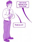 5_fingers belt clothed clothing dialogue exclamation_point fingers hair human_only male necktie not_furry offscreen_character open_mouth simple_background smile solo standing suit text white_background hornbuckle human mammal 2017 digital_drawing_(artwork) digital_media_(artwork) english_text monochrome purple_and_white