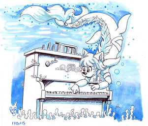 anthro bubble female female_anthro glistening glistening_eyes hair keyboard_instrument logo messy_hair mouth_closed musical_instrument piano playing_music playing_piano seaweed solo split_form underwater upright_piano water pandapaco aquatic merfolk 2015 artist_logo dated monochrome signature