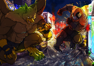 4_toes 5_fingers abs anthro beak biped boxer_briefs brown_body brown_fur building building_destruction city city_background city_crushing city_destruction cityscape claws clothed clothing destruction duo extreme_size_difference feathered_wings feathers feet finger_claws fingerless_gloves fingers fire fur gloves handwear house macro macro_anthro macro_male male muscular muscular_anthro muscular_male night open_mouth outside pawpads paws pecs rampage river ship size_difference sky smile stomping tail toe_claws toes topless underwear vehicle vehicle_destruction watercraft wings tatugon mythology carpo sergey_(abiki) accipitrid accipitriform avian bearded_vulture bird gryphon mythological_avian mythological_creature old_world_vulture vulture hi_res