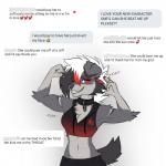 1:1 2019 5_fingers alternate_color anthro anthrofied black_nose canid canine clothed clothing digital_media_(artwork) english_text fan_character female fingers generation_7_pokemon hi_res lycanroc lyra_(nayeliefox) mammal midnight_lycanroc nayel-ie nintendo pokemon pokemon_(species) pokemorph red_eyes smile solo standing text