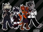 anthro clothing collar date female fishnet_clothing fishnet_legwear group legwear male male/female piercing suit tuxedo_shirt s1nd3r3 bazil_vasquez edgar_greyson mia_cortez pepper_vasquez canid canine canis domestic_cat felid feline felis hyena mammal wolf 4:3 hi_res