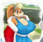 2024 anthro blue_clothing blue_dress bodily_fluids breasts buckteeth clothed clothing dialogue dress eyelashes female hi_res lagomorph leporid lola_bunny looney_tunes mammal outside pupils pyroxtra rabbit sweat teeth tex warner_brothers