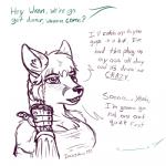 anthro buttplug dialogue female plug_(sex_toy) plug_insertion sex_toy simple_background solo text white_background dunstanmarshall wren_cronkowski canid canine fox mammal 1:1 english_text low_res sketch