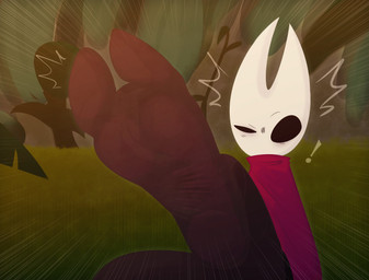 2_toes black_body black_sclera cloak clothing exclamation_point feet female foot_fetish foot_focus forest narrowed_eyes outside plant raised_foot red_cloak red_clothing solo squint surprised toes tree white_head dunce-leaf hollow_knight_(franchise) team_cherry hornet_(hollow_knight) arthropod humanoid insect absurd_res hi_res