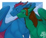 ambiguous_gender blue_body blue_eyes blue_fur brown_body brown_fur brown_hair brown_mane duo feral fur green_body green_fur hair mane no_sclera pink_body pink_fur pink_mane zyria mythology dragon furred_dragon furred_scalie mythological_creature mythological_scalie scalie hi_res