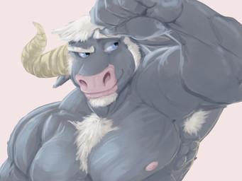anthro armpit_hair beard big_muscles blue_eyes body_hair chest_tuft facial_hair fur grey_body grey_fur hair horn male muscular nipples pink_background simple_background smile solo tuft pandottermon moovember bovid bovine cattle mammal 2025 colored hi_res