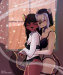 anthro clothing duo ear_piercing female female/female hug painting piercing risovisa romantic romantic_couple sai underwear falcat domestic_cat felid feline felis mammal rose_(disambiguation) absurd_res adobe_photoshop_(artwork) collaboration digital_media_(artwork) hi_res