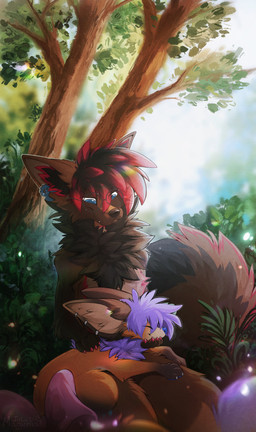 anthro biped claws day duo eyewear fingers forest front_view fur glasses hair male nude nude_anthro nude_male outside plant sitting smile tail teeth tree magenta7 canid canine fox mammal 2026 absurd_res digital_drawing_(artwork) digital_media_(artwork) hi_res