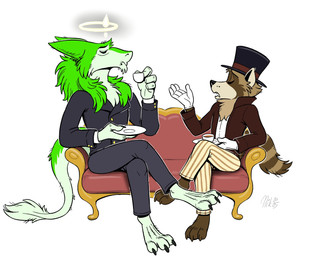 3_toes anthro beverage bottomwear clothed clothing container crossed_legs cup duo eyes_closed feet fingers fur gloves hair handwear hat headgear headwear holding_container holding_cup holding_object humor male open_mouth pants simple_background sitting tail tea tea_cup terribly_british toes top_hat topwear nikraccoom nik_(nik159) serlue mammal procyonid raccoon sergal digital_media_(artwork) hi_res