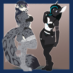 anthro black_body black_fur black_hair blue_eyes breasts clothed clothing duo eyebrows eyelashes female fur green_eyes hair legwear smile stockings thigh_highs monstercheetah ceridwen_(keoonik) tiriosh felid lagomorph leopard leporid mammal pantherine rabbit snow_leopard 1:1 2020 alpha_channel digital_media_(artwork) hi_res
