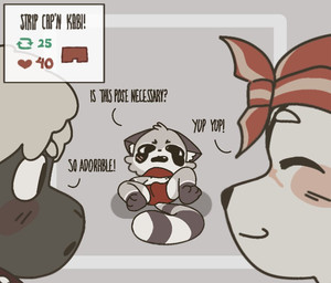 age_difference anthro black_eyes blush bottomwear bulge clothed clothing embarrassed fur grey_body grey_fur group like_goal lying male markings nipples on_back praise retweet_goal scarf simple_background skimpy solo strip_game striped_markings striped_tail stripes suggestive_pose tail tail_markings text trio underwear undressing young young_anthro young_male capnkabi basil_(capnkabi) kabi_(capnkabi) silver_(capnkabi) bovid canid canine caprine fox mammal procyonid raccoon sheep colored english_text