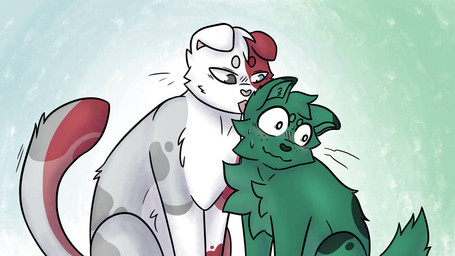 ambiguous_gender blue_eyes blush bodily_fluids duo face_lick feral feralized floppy_ears fluffy folded_ears fur gradient_background green_background green_body green_fur grey_eyes heterochromia licking long_tail multicolored_body multicolored_fur quadruped red_body red_fur short_tail simple_background spots sweat sweatdrop tail tongue white_background white_body white_fur mrstoxicmania my_hero_academia izuku_midoriya todoroki_shouto domestic_cat felid feline felis mammal 2018