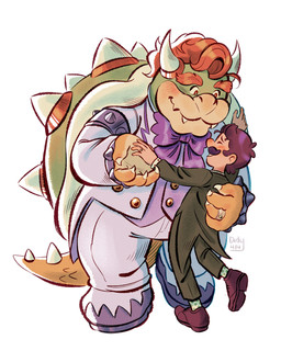 4_fingers 5_fingers anthro armband bent_legs biped black_eyebrows black_facial_hair black_mustache blue_eyes blush blush_lines bottomwear bow_tie bracelet brown_clothing brown_footwear brown_hair brown_shoes claws closed_smile clothed clothed_anthro clothed_human clothed_male clothing curved_horn dancing digit_ring duo eyebrows eyes_closed facial_hair fangs finger_claws finger_ring fingers footwear fully_clothed fully_clothed_anthro fully_clothed_human fully_clothed_male green_bottomwear green_clothing green_pants green_shell green_suit grey_armband grey_bracelet grey_pupils grey_spikes hair hand_on_shoulder happy horn husband_and_husband interspecies jewelry king larger_anthro larger_male light looking_at_another looking_at_partner looking_down looking_down_at_partner male male/male male_anthro male_human married_couple mouth_closed multicolored_body multicolored_scales mustache orange_eyebrows orange_hair pants polka_dot_socks pupils purple_bow_tie purple_clothing purple_topwear purple_vest red_eyes ring royalty scales shell shoes short_hair simple_background size_difference slit_pupils smaller_human smaller_male smile smiling_at_another smiling_at_each_other socks spiked_armband spiked_bracelet spiked_shell spiked_tail spikes spikes_(anatomy) standing suit tail tan_body tan_horn tan_scales tan_skin tan_spikes tan_teeth teeth text thick_eyebrows topwear vest wedding_ring white_background white_bottomwear white_claws white_clothing white_footwear white_pants white_sclera white_shoes white_socks white_suit yellow_body yellow_scales yellow_tail didy414 mario_bros nintendo bowser luigi human koopa mammal scalie 2025 4:5 absurd_res artist_name colored digital_drawing_(artwork) digital_media_(artwork) english_description english_text hi_res lighting shaded