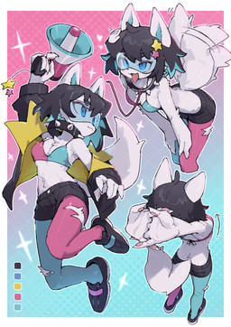 accessory ahoge anthro arms_stretched bent_over bikini bikini_top black_bottomwear black_clothing black_footwear black_hair black_jacket black_shoes black_shorts black_topwear blue_background blue_bikini_top blue_clothing blue_hair blue_legwear blue_stockings blue_topwear blush bodily_fluids border bottomwear breasts chest_tuft clothed clothing collar color_swatch cracking_knuckles denim denim_bottomwear denim_clothing denim_shorts eyewear female fingers fluffy fluffy_tail footwear front_view fur glasses gradient_background hair hair_accessory hands_behind_back headpat heart_symbol hotpants humanoid_hands jacket leash legwear looking_back megaphone midriff midriff_tuft motion_arrow motion_lines multicolored_clothing multicolored_hair multicolored_jacket multicolored_legwear multicolored_stockings multicolored_topwear multiple_poses open_mouth oversized_clothing oversized_collar oversized_jacket oversized_topwear pattern_background pawpads pink_background pink_bikini_top pink_clothing pink_stockings pink_topwear pose rear_view saliva saliva_on_tongue shoes short_hair shorts simple_background solo spiked_collar spikes star_(shape) star_symbol stockings stretching submissive submissive_female swimwear tail tail_motion tailwag tongue tongue_out topwear torn_clothing torn_legwear torn_stockings tuft two-piece_swimsuit two_tone_clothing two_tone_hair two_tone_jacket two_tone_topwear white_body white_border white_fur yellow_clothing yellow_jacket_(clothing) yellow_topwear zizi_niisan lana'i_(rrszz) felid feline mammal 2025 absurd_res digital_media_(artwork) full-length_portrait hi_res portrait