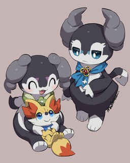 ambiguous_gender anthro blue_eyes blush eyes_closed female feral fur group horn inner_ear_fluff lying male multicolored_body on_back open_mouth orange_body orange_fur simple_background tail trio tuft two_tone_body white_body white_fur yellow_body yellow_fur makotoo nintendo pmd:_icma pokemon lir_(icma) canid canine fennekin generation_6_pokemon generation_8_pokemon indeedee mammal pokemon_(species) 2025 signature male_(lore)
