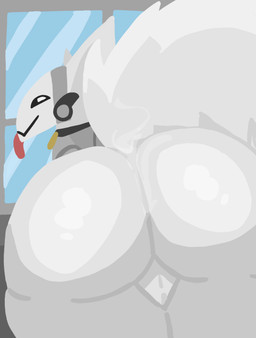 anthro balls big_butt blep butt butt_focus collar genitals huge_butt looking_at_viewer machine male smile smirk solo tongue tongue_out window seacero arctic_fox canid canine fox hybrid mammal protogen true_fox hi_res