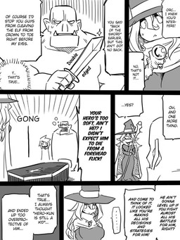 death female magic_user male melee_weapon not_furry sword text weapon jin_(mugenjin) elfxorc elf human humanoid mammal orc 3:4 comic english_text monochrome