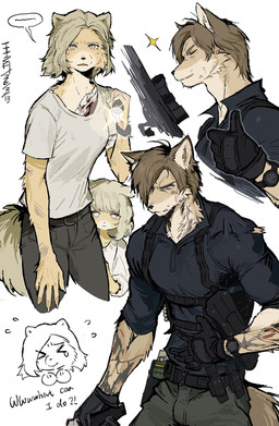 age_difference alternate_species anthro belt black_clothing black_gloves black_handwear blind blind_eye blonde_hair blood_on_bandage bottomwear brown_hair clock clothed clothed_anthro clothing disability female fully_clothed fully_clothed_anthro fur furrification gloves group gun hair handwear holding_gun holding_object holding_ranged_weapon holding_weapon holster male muscular muscular_anthro muscular_male pants ranged_weapon shirt t-shirt tan_body tan_fur topwear trio utility_belt watch weapon white_clothing white_shirt white_t-shirt white_topwear wristwatch younger_female fish7163 capcom resident_evil resident_evil_requiem grace_ashcroft leon_kennedy canid canine canis domestic_dog mammal hi_res