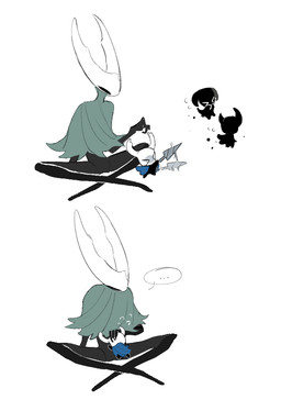 2_horns >_< ambiguous_form ambiguous_gender anthro black_body bodily_fluids cloak clothing comforting crossed_legs crosslegged_pose ellipsis eyes_closed flailing flying_sweatdrops group hand_on_head holding_object holding_weapon hollow_eyes horn hug humanoid_hands looking_aside looking_down scared simple_background sitting size_difference speech_bubble sweat sweatdrop weapon white_background white_face milktea25424633 hollow_knight_(franchise) team_cherry hollow_knight_(character) the_knight_(hollow_knight) shadow_creature vessel_(species) digital_drawing_(artwork) digital_media_(artwork) sequence