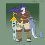 anthro boots bottomwear clothed clothing female fingerless_gloves footwear gloves green_eyes grey_body grey_skin hair handwear melee_weapon muscular pants purple_hair shirt shoes sword sword_in_ground topwear weapon dirtymac mac-daddy animal_humanoid fish fish_humanoid humanoid marine marine_humanoid shark 1:1 absurd_res hi_res