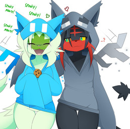 anthro anthrofied black_body black_fur bottomless clothed clothing cookie cosplay crossover_cosplay dialogue duo eyes_closed fangs featureless_crotch female food fur green_body green_eyes green_fur hoodie hoodie_only male open_mouth pokemorph red_body red_fur simple_background smile tail teeth text topwear topwear_only white_background yellow_sclera nakachidragon microsoft minecraft mojang nintendo pokemon xbox_game_studios flamey_(naka) mossy_(naka) allay generation_7_pokemon generation_9_pokemon litten pokemon_(species) sprigatito vex_(minecraft) 2025 crossover digital_media_(artwork) english_text hi_res