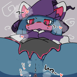 anthro anus blue_body blush bodily_fluids breath clothed clothing female front_view genital_fluids genitals grey_background hat headgear headwear heart_symbol kemono lying on_back partially_clothed simple_background solo spread_legs spreading text vaginal_fluids vulva witch_hat ardest palworld pocketpair felid feline katress mammal pal_(species) 1:1 2026